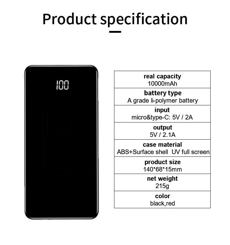 10,000mAh High Capacity Power Bank with Digital Display and Super Slim Design for Portable Charging