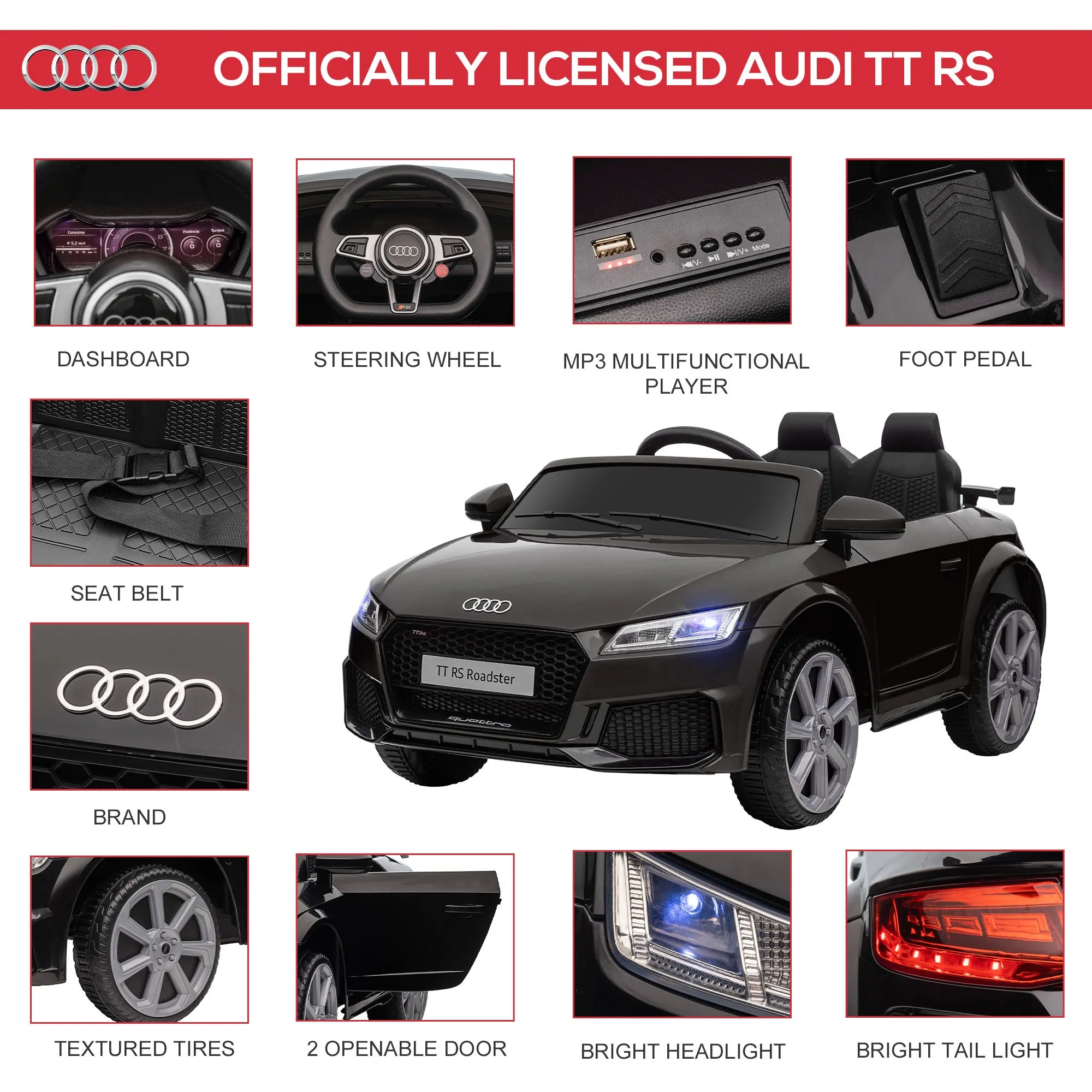 12V Battery Licensed Audi TT RS Ride-On Car w/ Remote, Headlight - Black