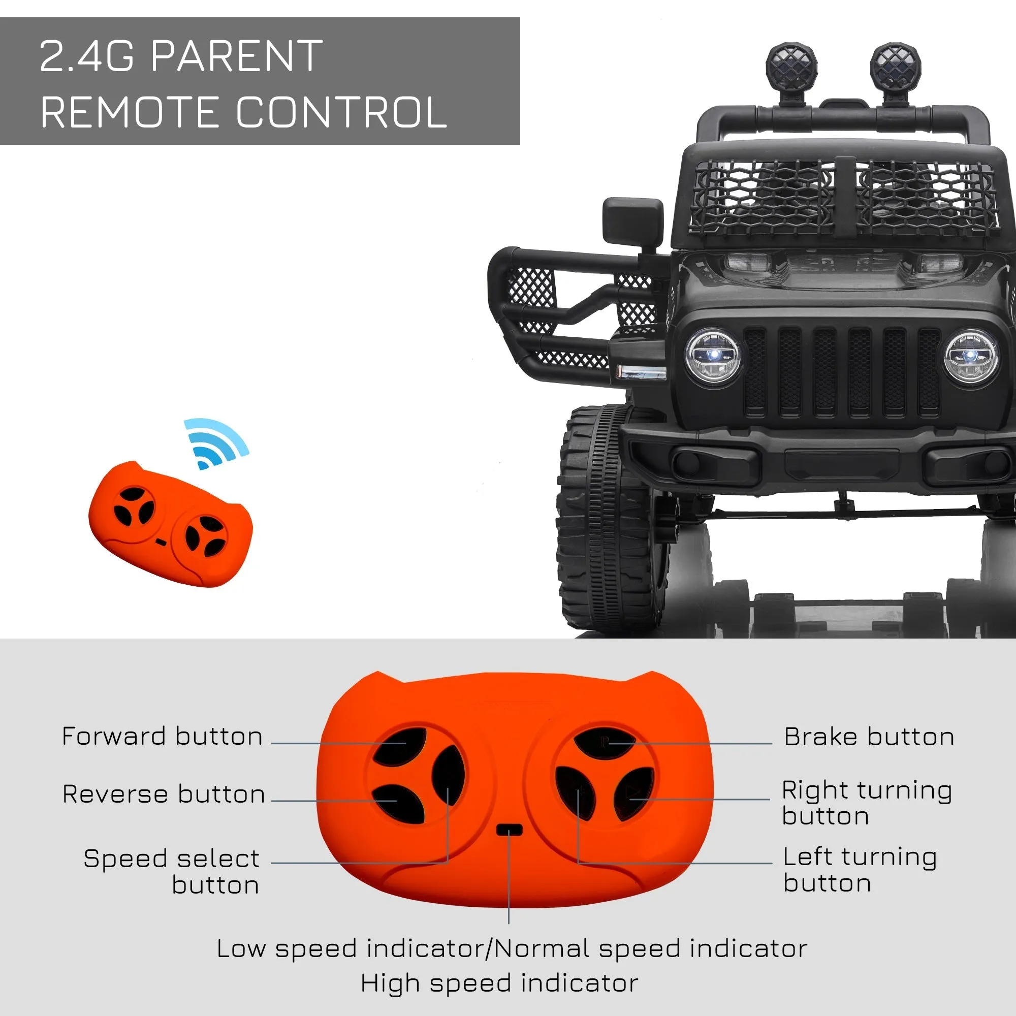 12V Battery-powered 2 Motors Kids Electric Ride On Car Truck Off-road Toy with Parental Remote Control Horn Lights Suspension Wheels for 3-6 Years Old Black