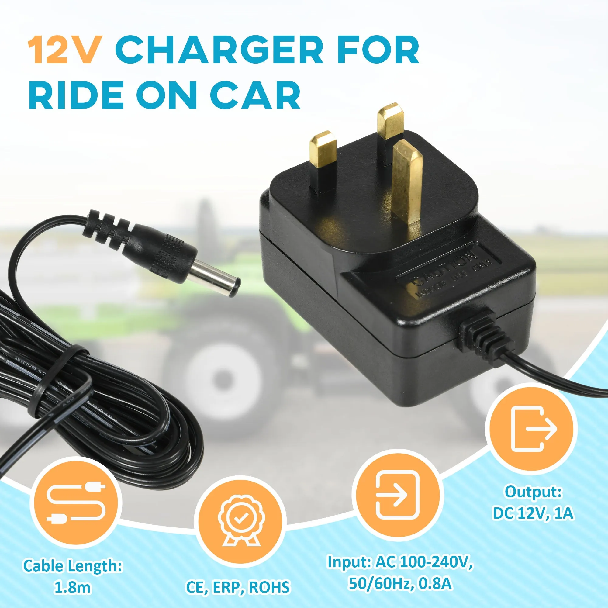 12V Charger for Ride on Car, 12 Volt 1A Battery Charger