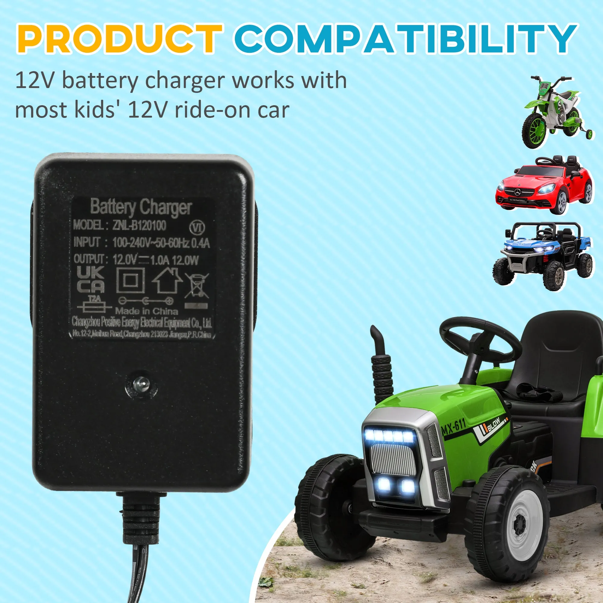 12V Charger for Ride on Car, 12 Volt 1A Battery Charger