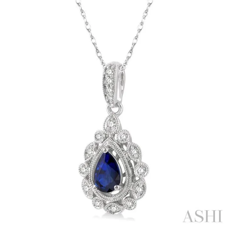 1/8 Ctw Lattice Round Cut Diamond & 6x4MM Pear Cut Sapphire Precious Pendant With Chain in 10K White Gold