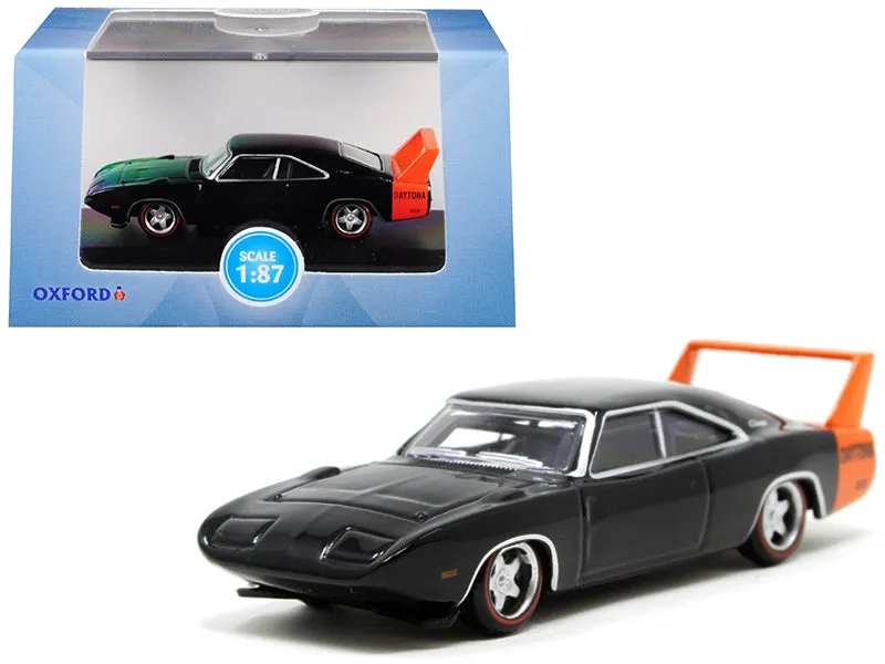 1969 Dodge Charger Daytona Black with Orange Stripe 1/87 (HO) Scale Diecast Model Car by Oxford Diecast