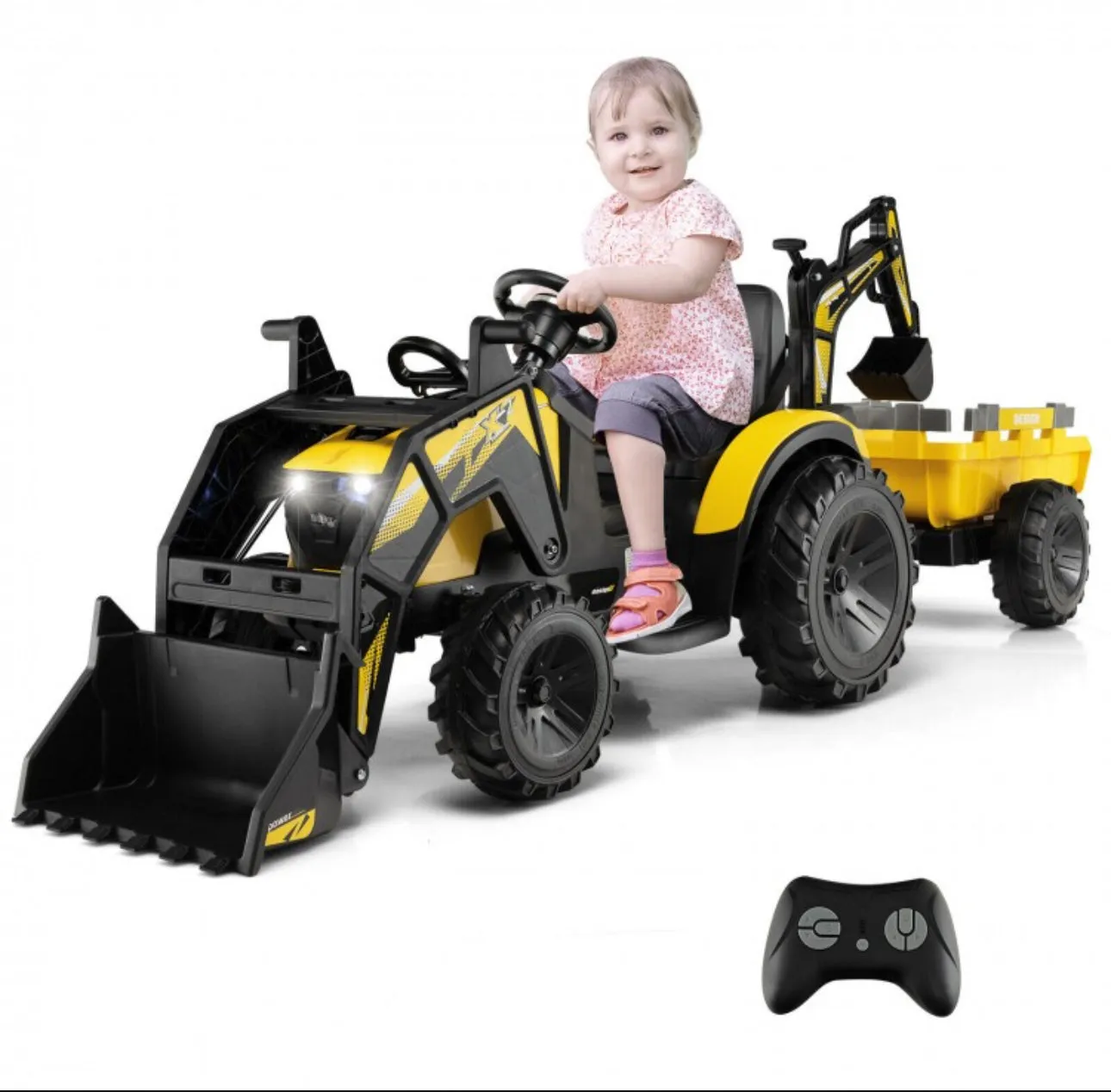 2025 Heavy Duty 12V Excavator 3-in-1 Ride On Toy 1 Seater With Shovel, Bucket, Trailer, Rubber Tires, Cup Holder, LED Lights, Digging Bucket, Remote