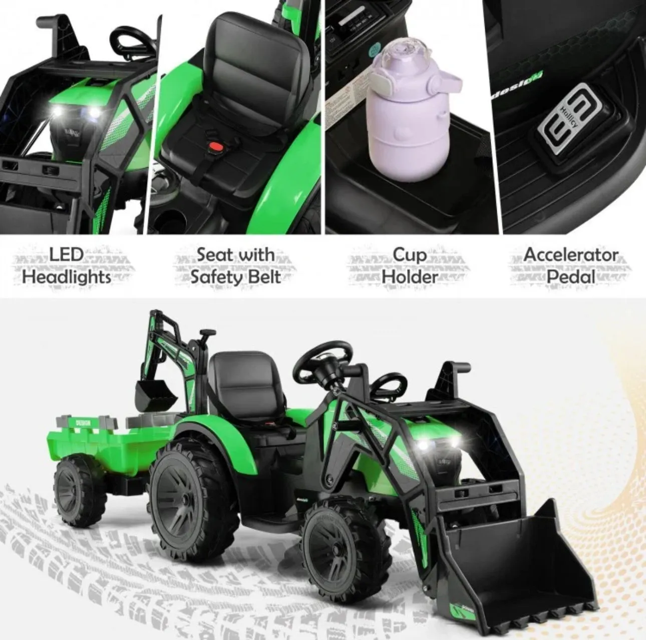 2025 Heavy Duty 12V Excavator 3-in-1 Ride On Toy 1 Seater With Shovel, Bucket, Trailer, Rubber Tires, Cup Holder, LED Lights, Digging Bucket, Remote