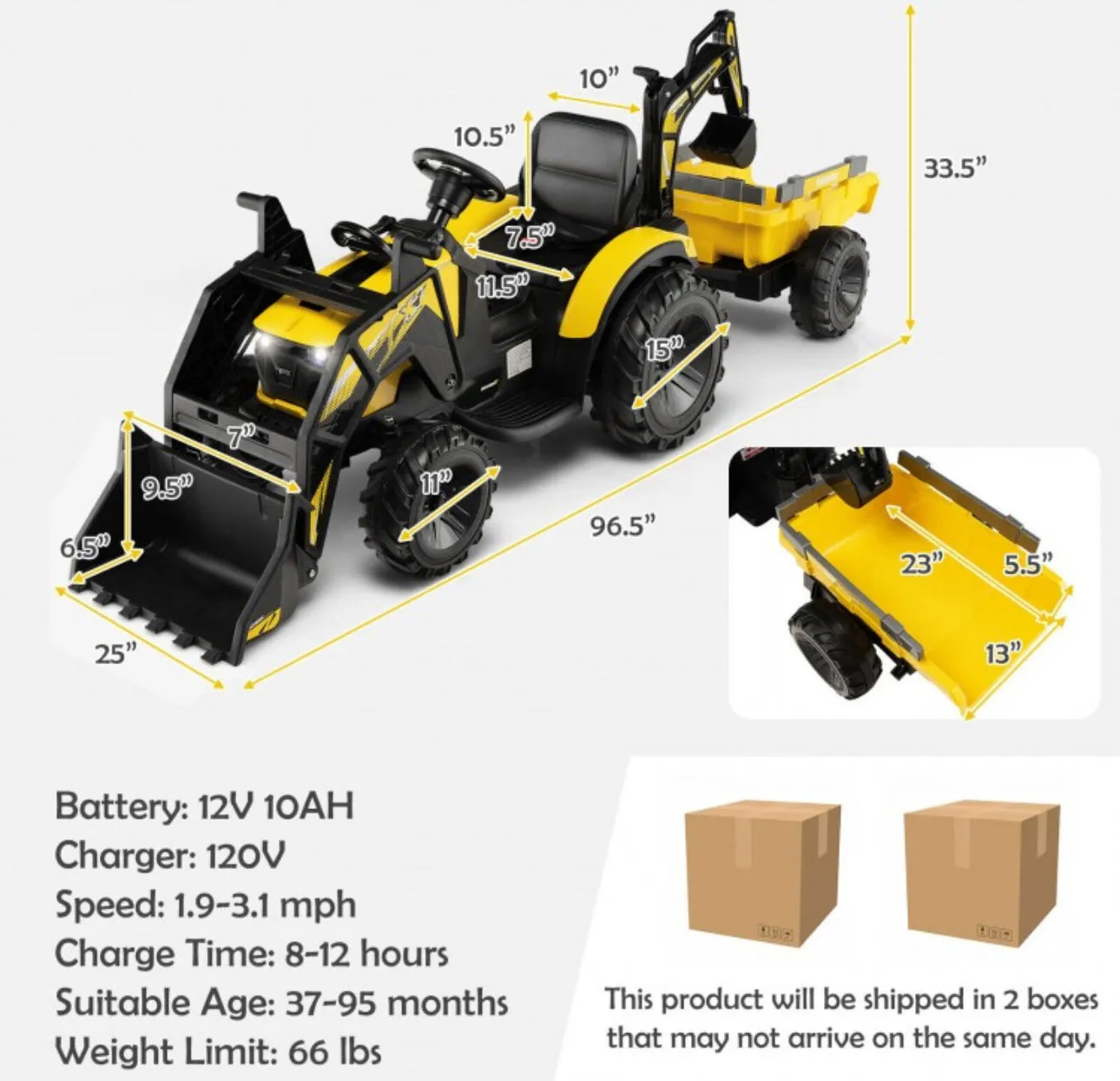 2025 Heavy Duty 12V Excavator 3-in-1 Ride On Toy 1 Seater With Shovel, Bucket, Trailer, Rubber Tires, Cup Holder, LED Lights, Digging Bucket, Remote