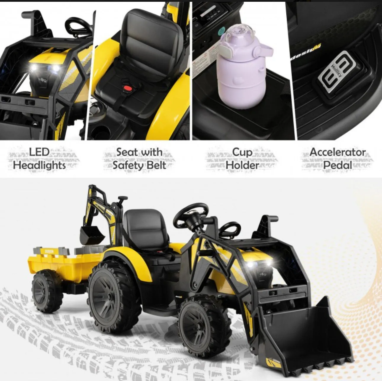 2025 Heavy Duty 12V Excavator 3-in-1 Ride On Toy 1 Seater With Shovel, Bucket, Trailer, Rubber Tires, Cup Holder, LED Lights, Digging Bucket, Remote