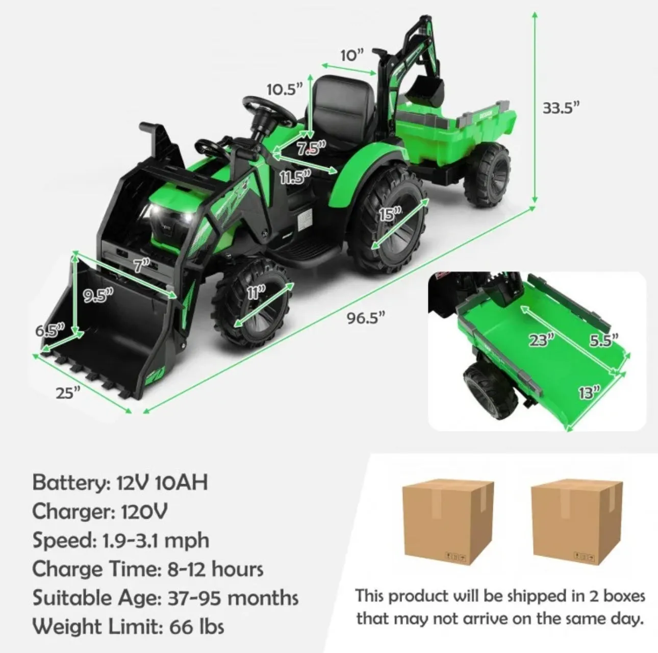 2025 Heavy Duty 12V Excavator 3-in-1 Ride On Toy 1 Seater With Shovel, Bucket, Trailer, Rubber Tires, Cup Holder, LED Lights, Digging Bucket, Remote