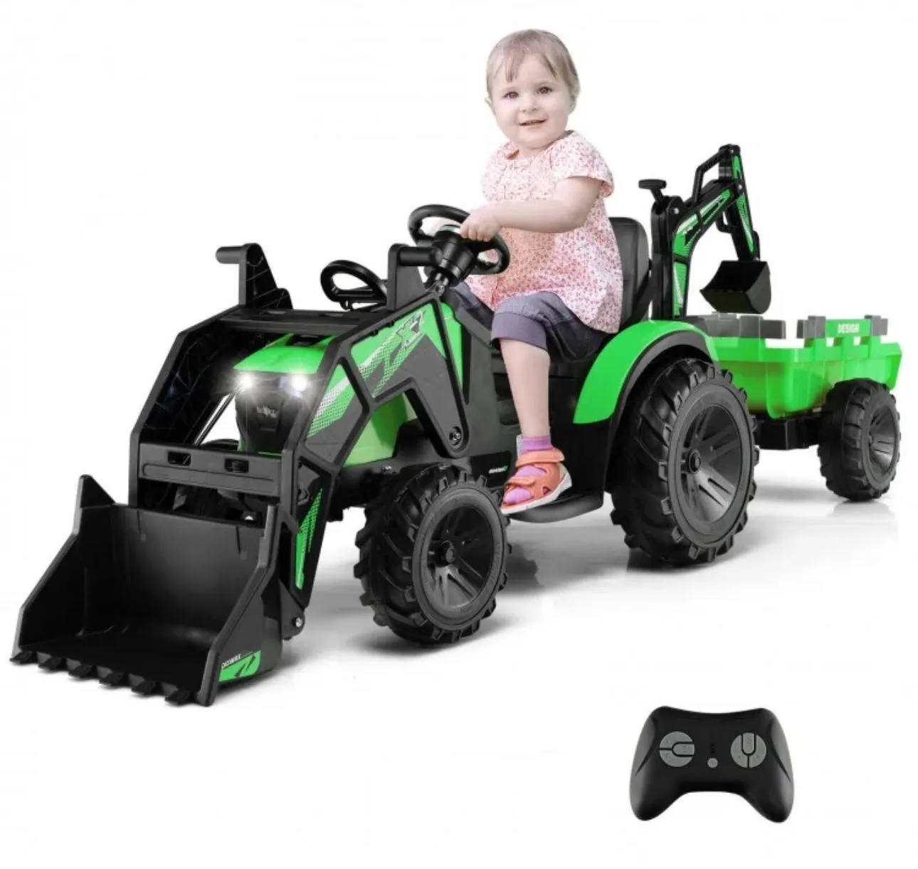 2025 Heavy Duty 12V Excavator 3-in-1 Ride On Toy 1 Seater With Shovel, Bucket, Trailer, Rubber Tires, Cup Holder, LED Lights, Digging Bucket, Remote