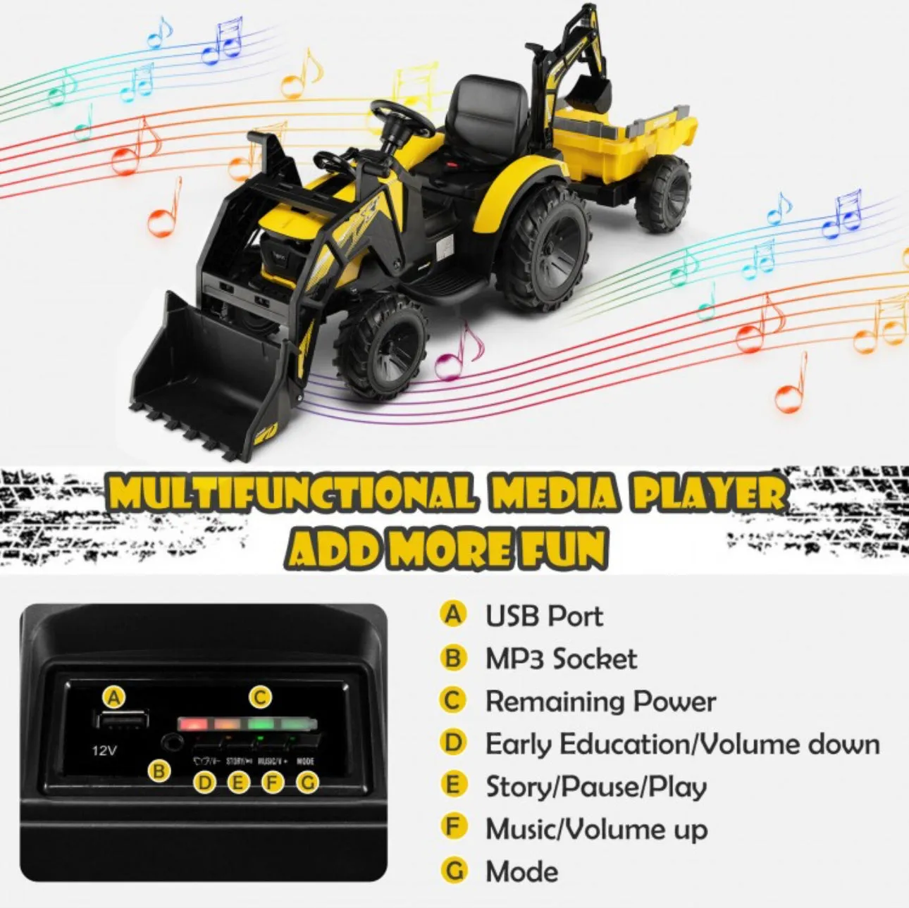 2025 Heavy Duty 12V Excavator 3-in-1 Ride On Toy 1 Seater With Shovel, Bucket, Trailer, Rubber Tires, Cup Holder, LED Lights, Digging Bucket, Remote