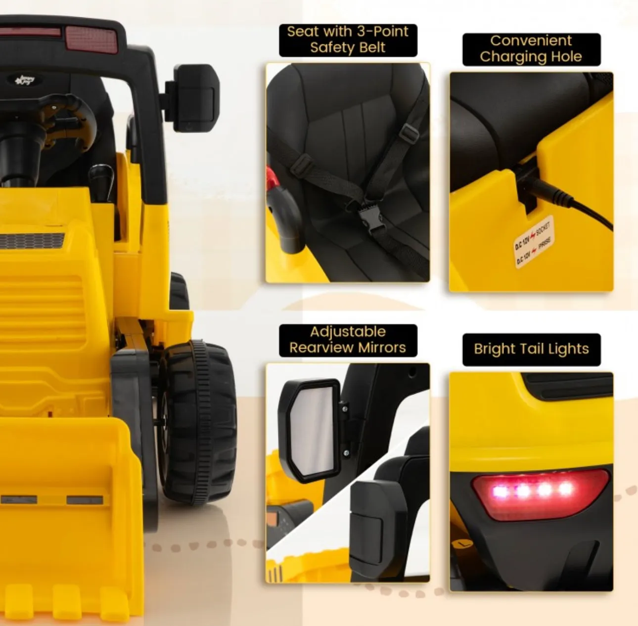 2025 Heavy Duty 12V Kids 1 Seater Ride On Construction Tractor With Electric Adjustable Easy To Use Bucket , Push To Start, Horn, Music