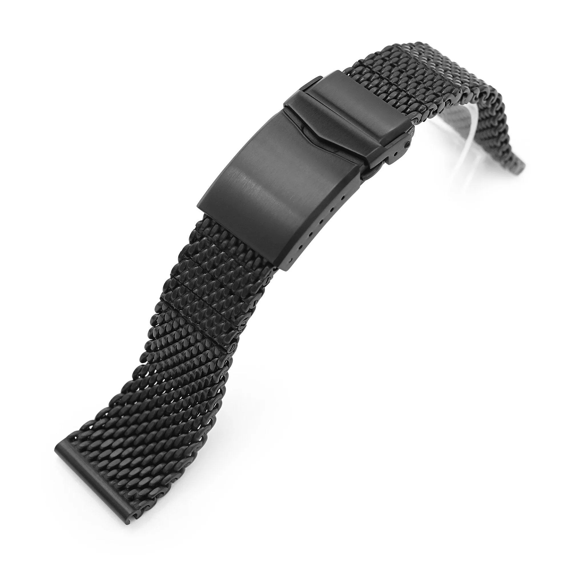 20mm, 22mm Solid End Massy Mesh Band Stainless Steel Watch Bracelet, V-Clasp, PVD Black