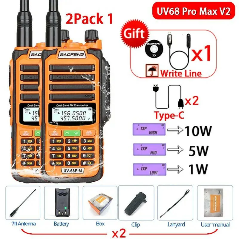 2Pack 10W Baofeng UV68 Pro Max V2 IP68 Waterproof Walkie Talkie High Power 711 Antenna VHF UHF Two Way Radio LongRange UV5R UV16