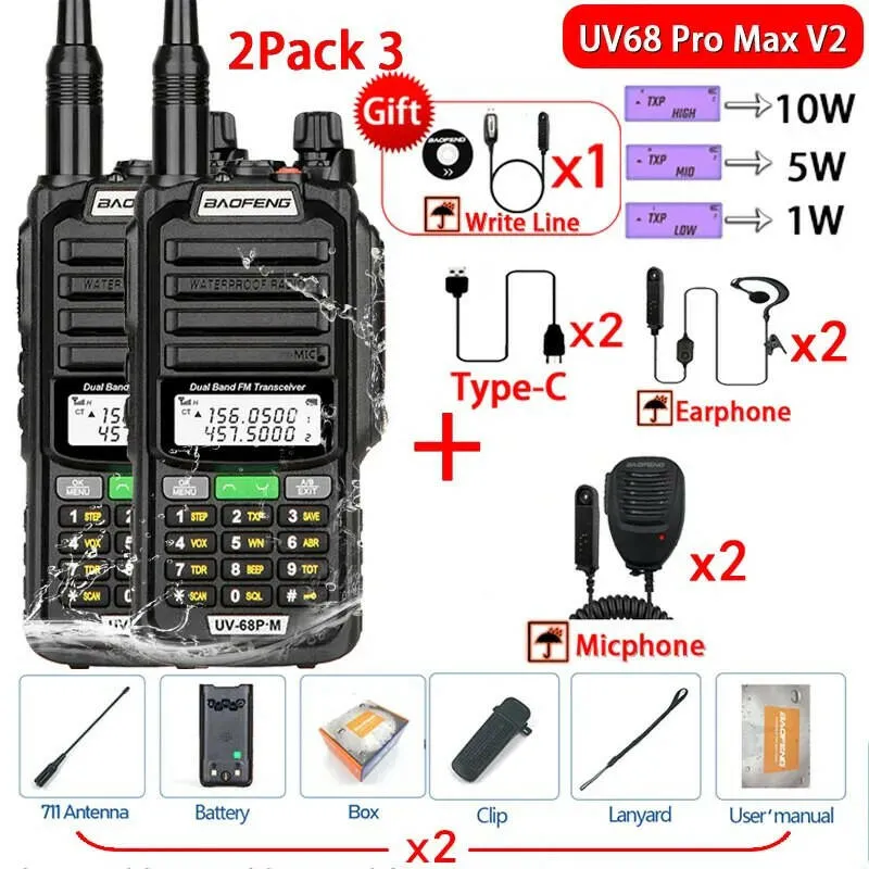 2Pack 10W Baofeng UV68 Pro Max V2 IP68 Waterproof Walkie Talkie High Power 711 Antenna VHF UHF Two Way Radio LongRange UV5R UV16