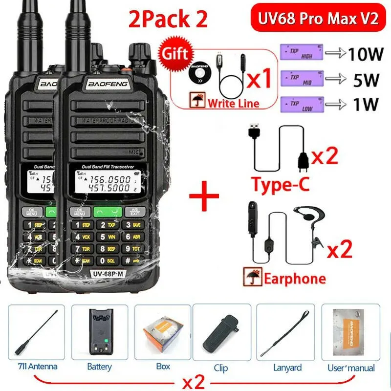 2Pack 10W Baofeng UV68 Pro Max V2 IP68 Waterproof Walkie Talkie High Power 711 Antenna VHF UHF Two Way Radio LongRange UV5R UV16