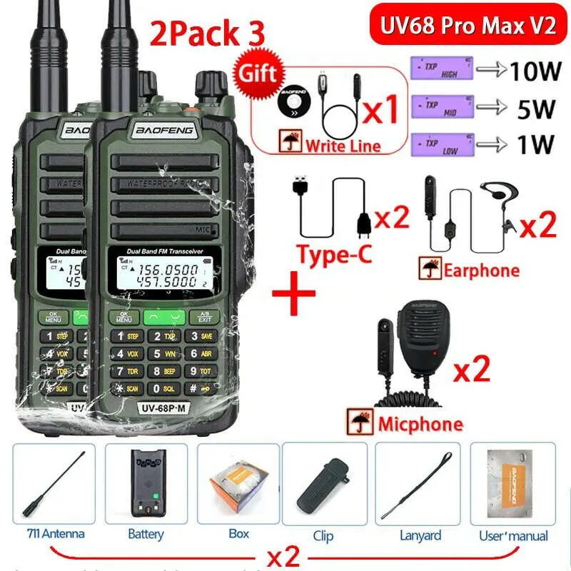 2Pack 10W Baofeng UV68 Pro Max V2 IP68 Waterproof Walkie Talkie High Power 711 Antenna VHF UHF Two Way Radio LongRange UV5R UV16