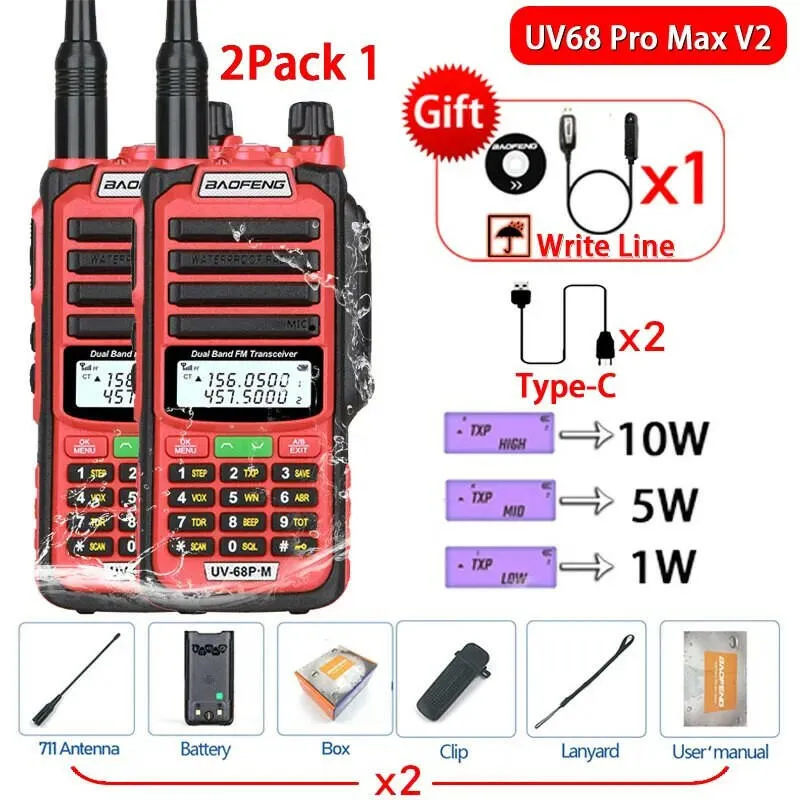 2Pack 10W Baofeng UV68 Pro Max V2 IP68 Waterproof Walkie Talkie High Power 711 Antenna VHF UHF Two Way Radio LongRange UV5R UV16