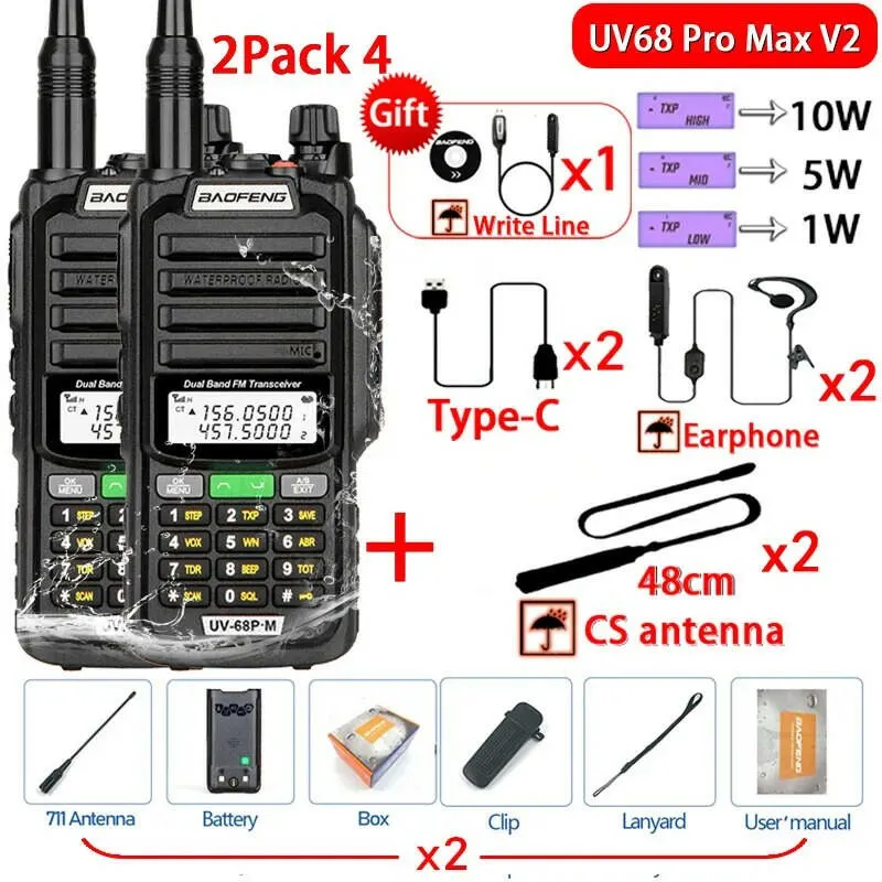 2Pack 10W Baofeng UV68 Pro Max V2 IP68 Waterproof Walkie Talkie High Power 711 Antenna VHF UHF Two Way Radio LongRange UV5R UV16