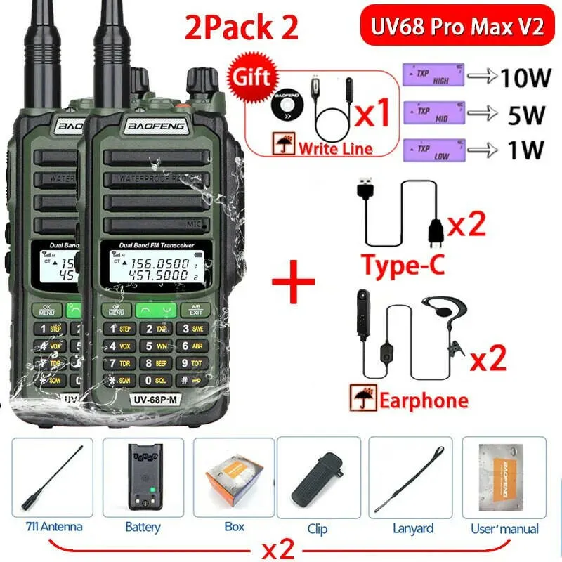 2Pack 10W Baofeng UV68 Pro Max V2 IP68 Waterproof Walkie Talkie High Power 711 Antenna VHF UHF Two Way Radio LongRange UV5R UV16