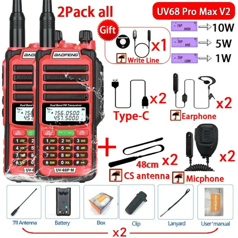 2Pack 10W Baofeng UV68 Pro Max V2 IP68 Waterproof Walkie Talkie High Power 711 Antenna VHF UHF Two Way Radio LongRange UV5R UV16