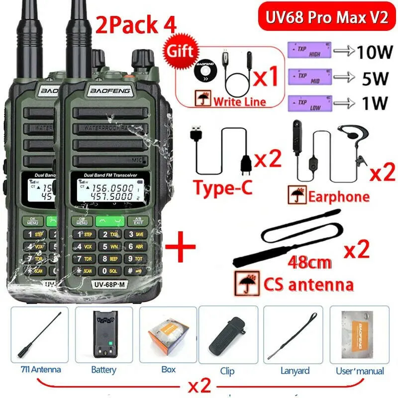 2Pack 10W Baofeng UV68 Pro Max V2 IP68 Waterproof Walkie Talkie High Power 711 Antenna VHF UHF Two Way Radio LongRange UV5R UV16