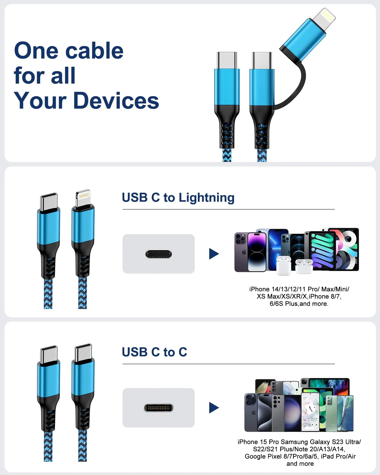 2Pack/6FT iPhone 16 Pro Max Charging Cord 2 in 1, USB C to USB C, USB to Lightning Cable for iPhone 16 15 Pro Max/15Pro/15 Plus/14/13/12, Galaxy A15 5G S24, Google Pixel 9 Pro XL, Apple Charger USBC