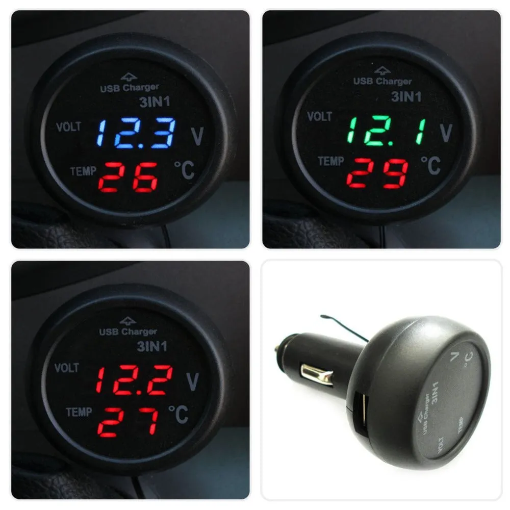 3 in 1 Digital LED car Voltmeter Thermometer Auto Car USB Charger 12V/24V Temperature Meter Voltmeter Cigarette Lighter