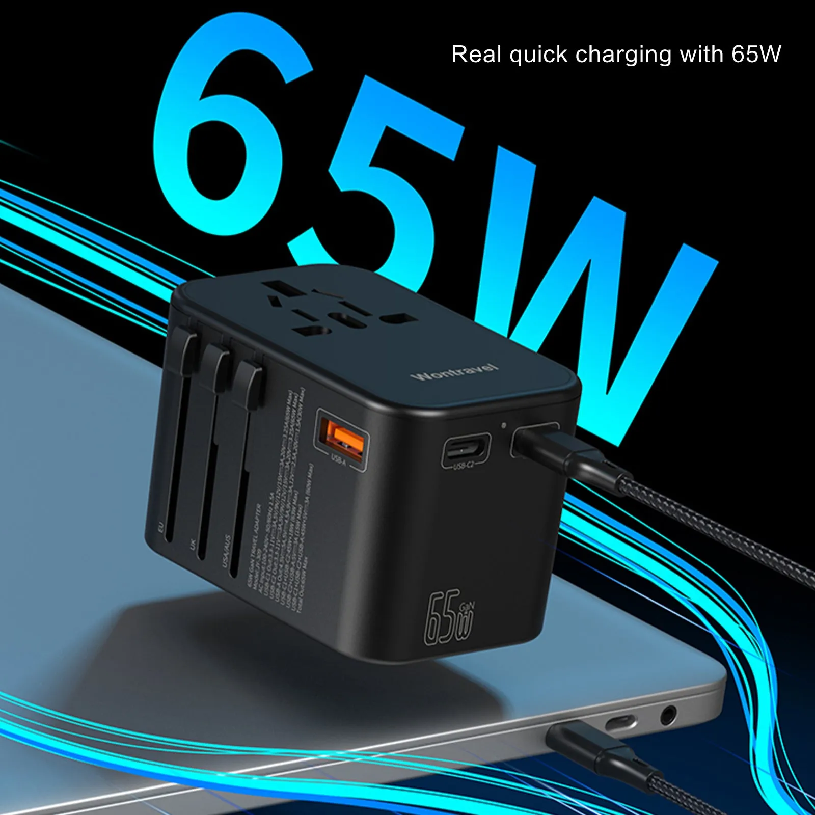 3PACK Universal Travel Adapter GaN 65W 2xUSB-C PD Fast Charging  1xUSB-A Quick Charging