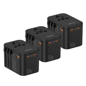 3PACK Universal Travel Adapter GaN 65W 2xUSB-C PD Fast Charging  1xUSB-A Quick Charging