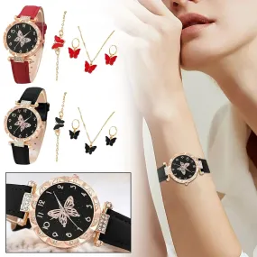 5pcs set (1*watch 1 pair of earrings 1*necklace 1*bracelet) Fashion Butterfly Ladies Belt Watch Good quality and low price reloj