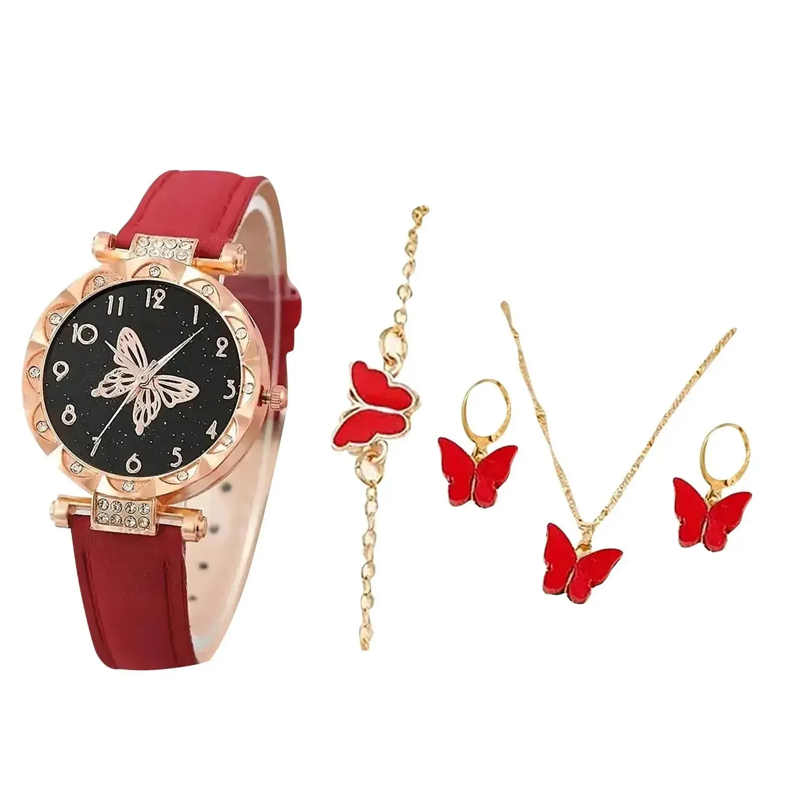 5pcs set (1*watch 1 pair of earrings 1*necklace 1*bracelet) Fashion Butterfly Ladies Belt Watch Good quality and low price reloj