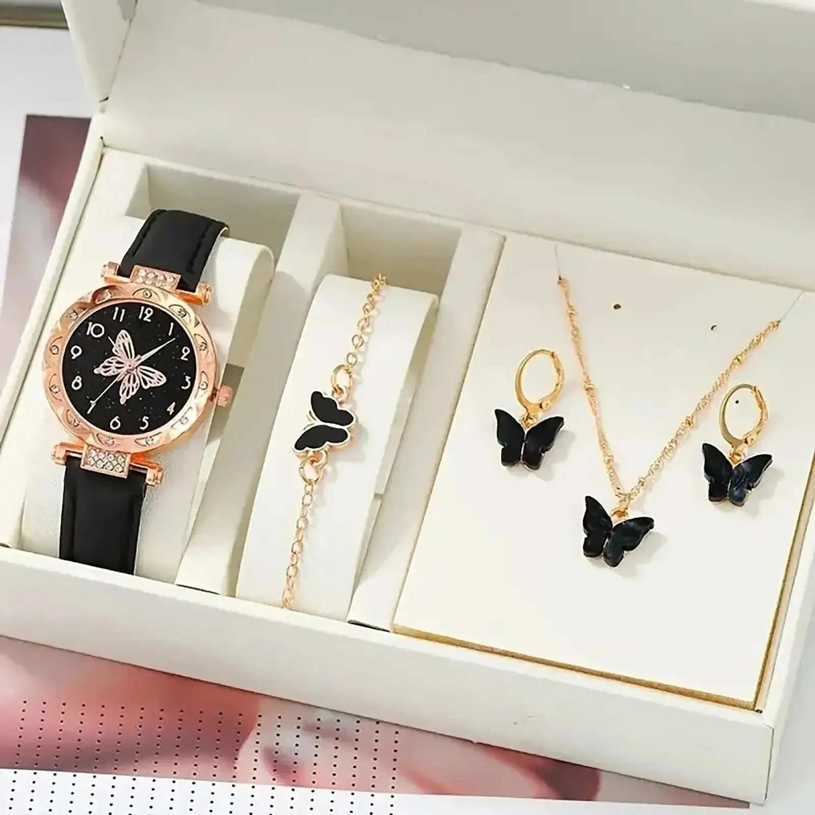 5pcs set (1*watch 1 pair of earrings 1*necklace 1*bracelet) Fashion Butterfly Ladies Belt Watch Good quality and low price reloj