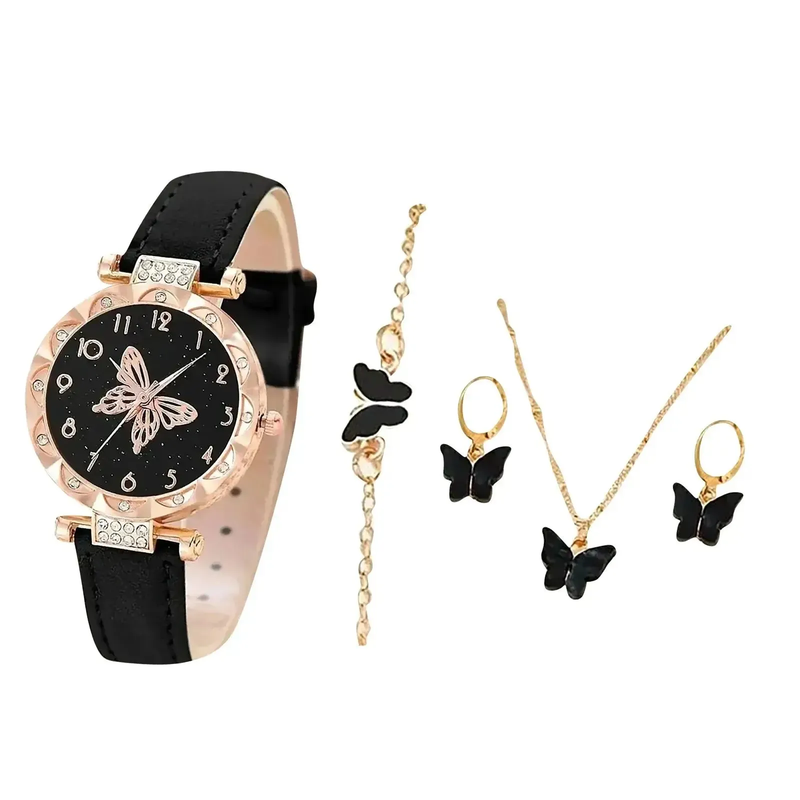 5pcs set (1*watch 1 pair of earrings 1*necklace 1*bracelet) Fashion Butterfly Ladies Belt Watch Good quality and low price reloj