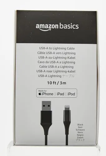 Amazon Basics - USB-A to Lightning ABS Charger Cable (10 feet), MFi Certified for Apple iPhone 14 13 12 11 X Xs Pro, Pro Max, Plus, iPad, 10,000 Bend Lifespan, Black