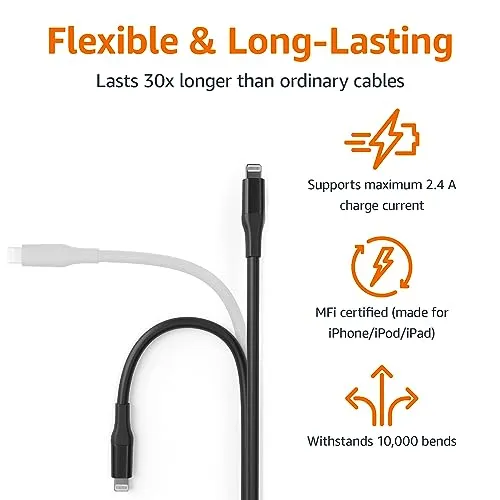 Amazon Basics - USB-A to Lightning ABS Charger Cable (10 feet), MFi Certified for Apple iPhone 14 13 12 11 X Xs Pro, Pro Max, Plus, iPad, 10,000 Bend Lifespan, Black