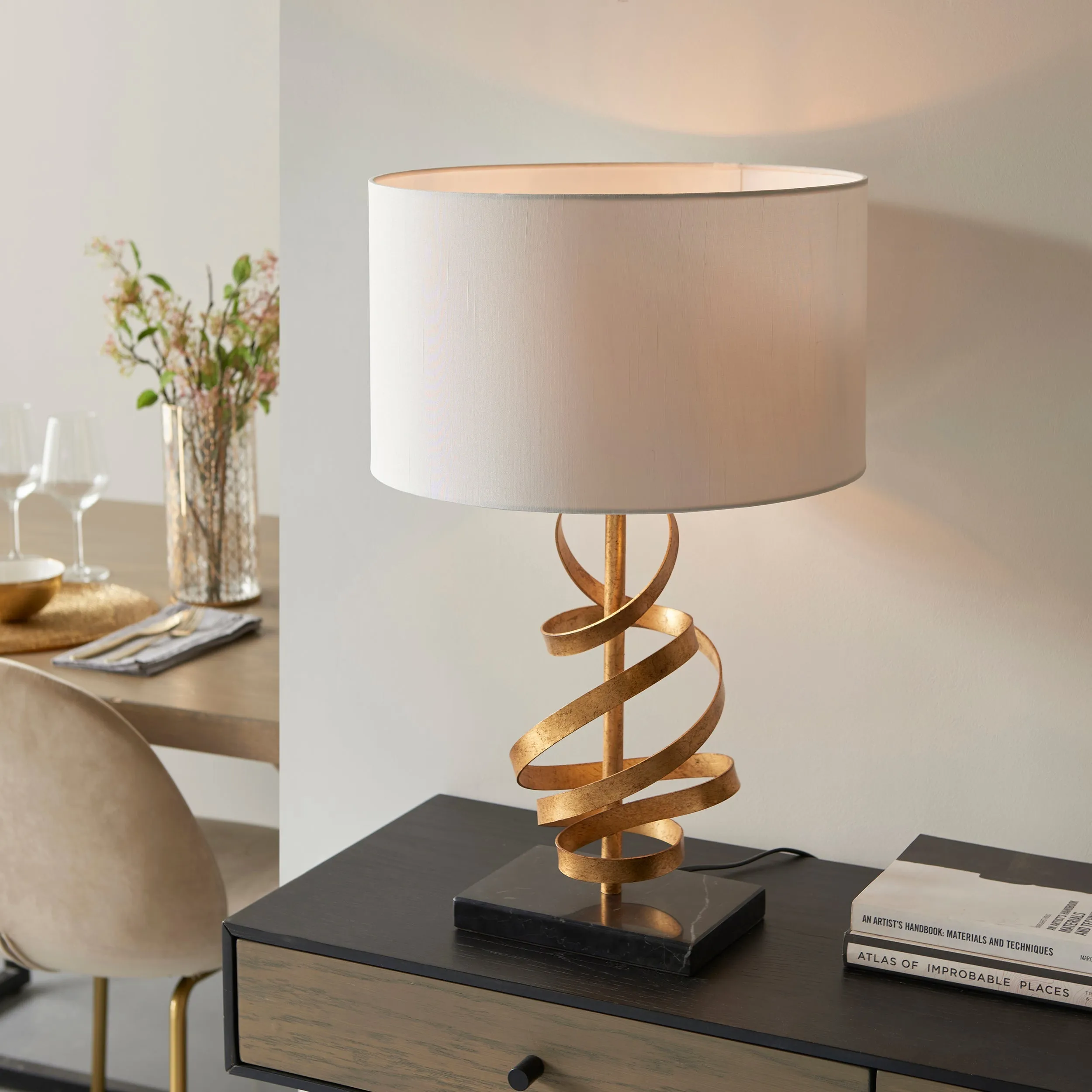 Amos Sennan Table Lamp Gold Leaf & Ivory Cotton