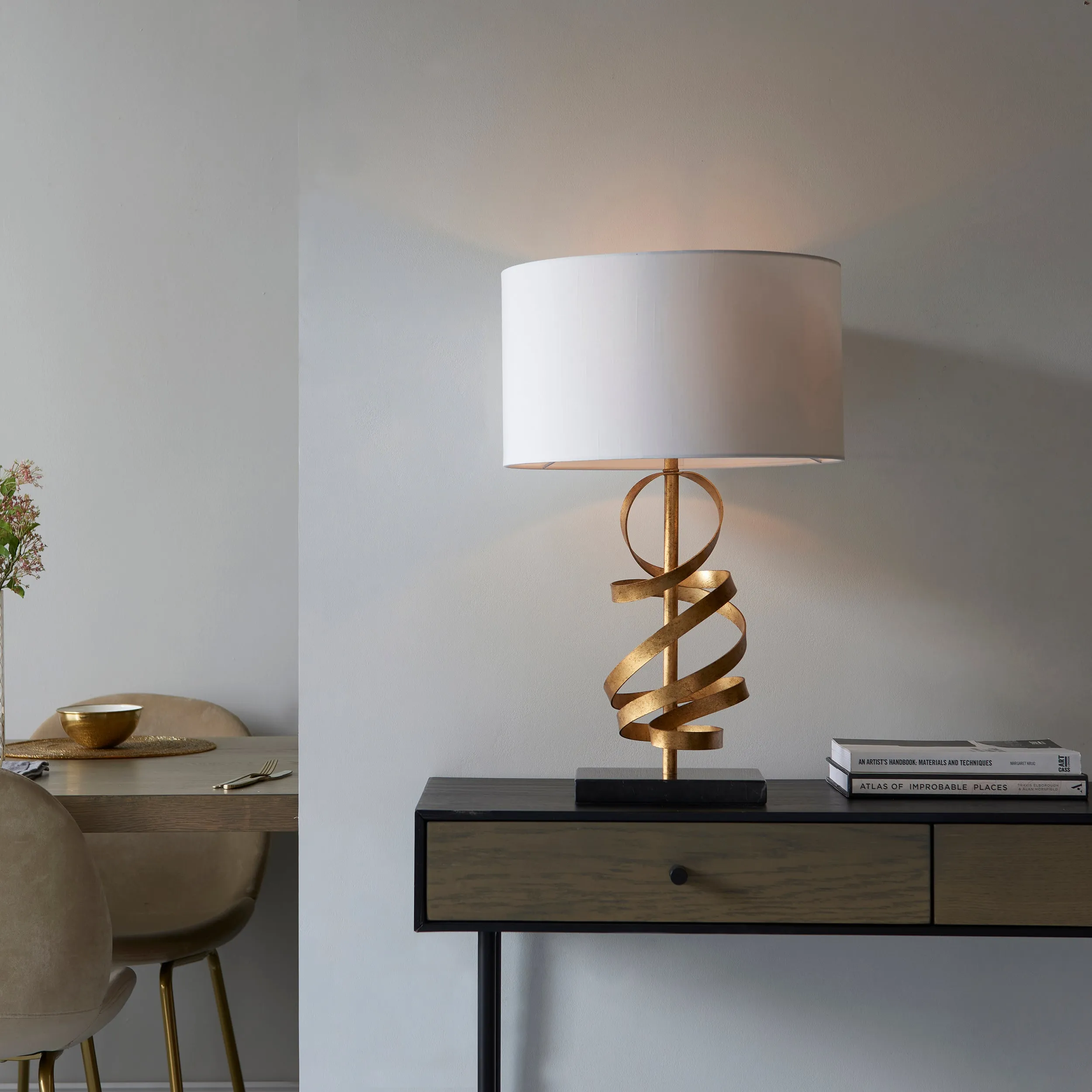 Amos Sennan Table Lamp Gold Leaf & Ivory Cotton