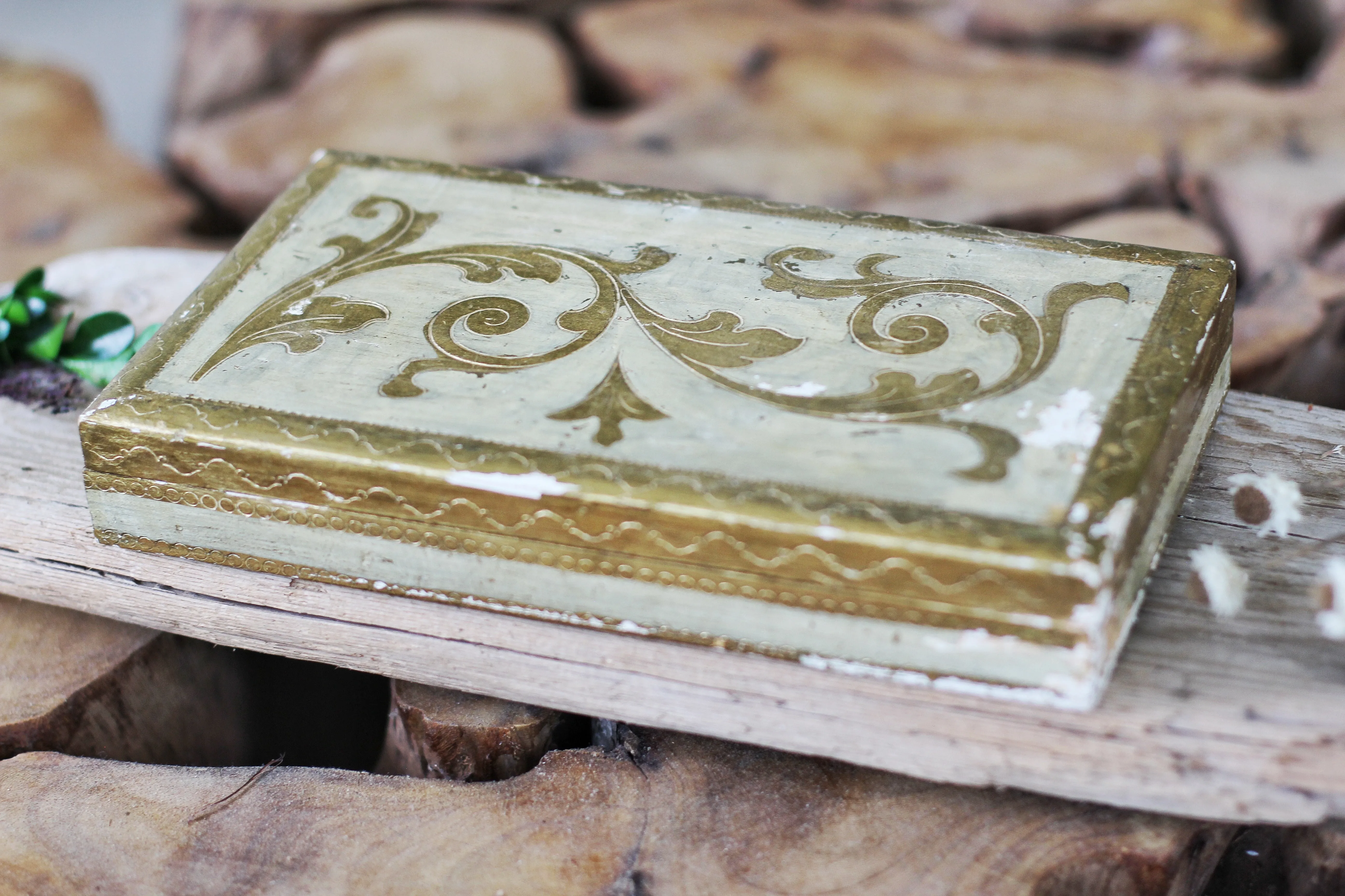 Antique Cream & Gold Florentine Jewelry Box