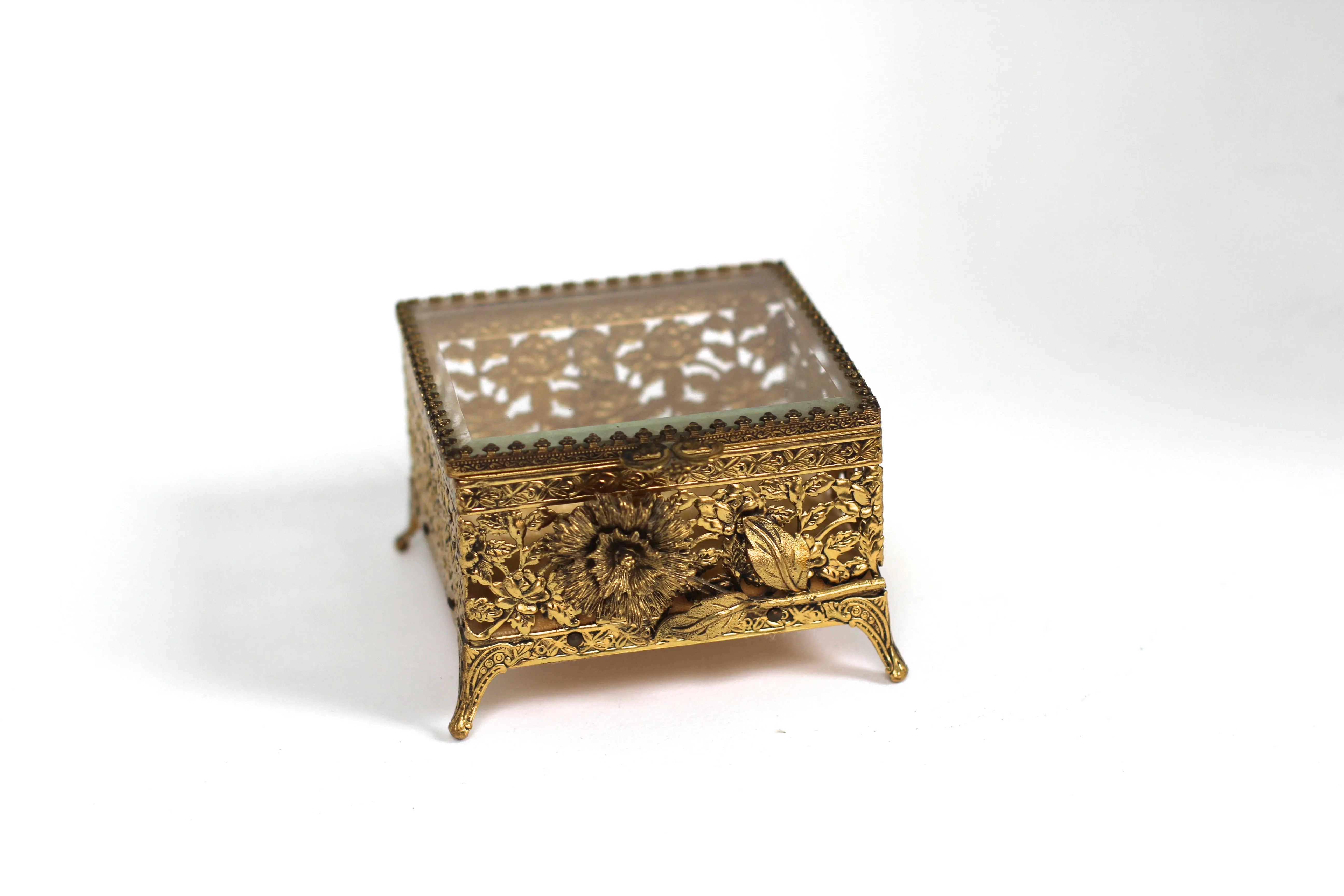 Antique Floral Rose Ormolu Bronze Filigree Jewelry Box No. 127