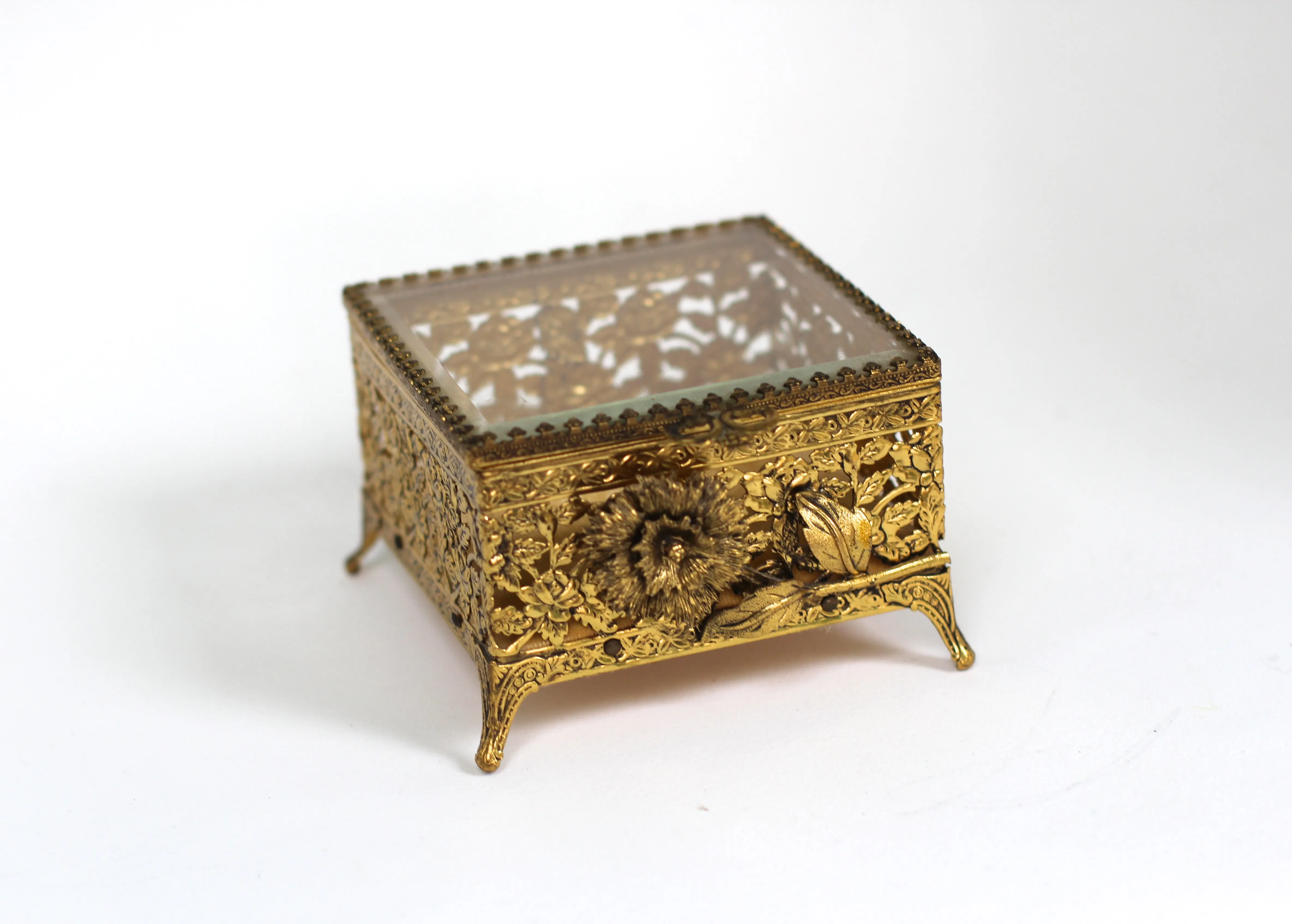 Antique Floral Rose Ormolu Bronze Filigree Jewelry Box No. 127