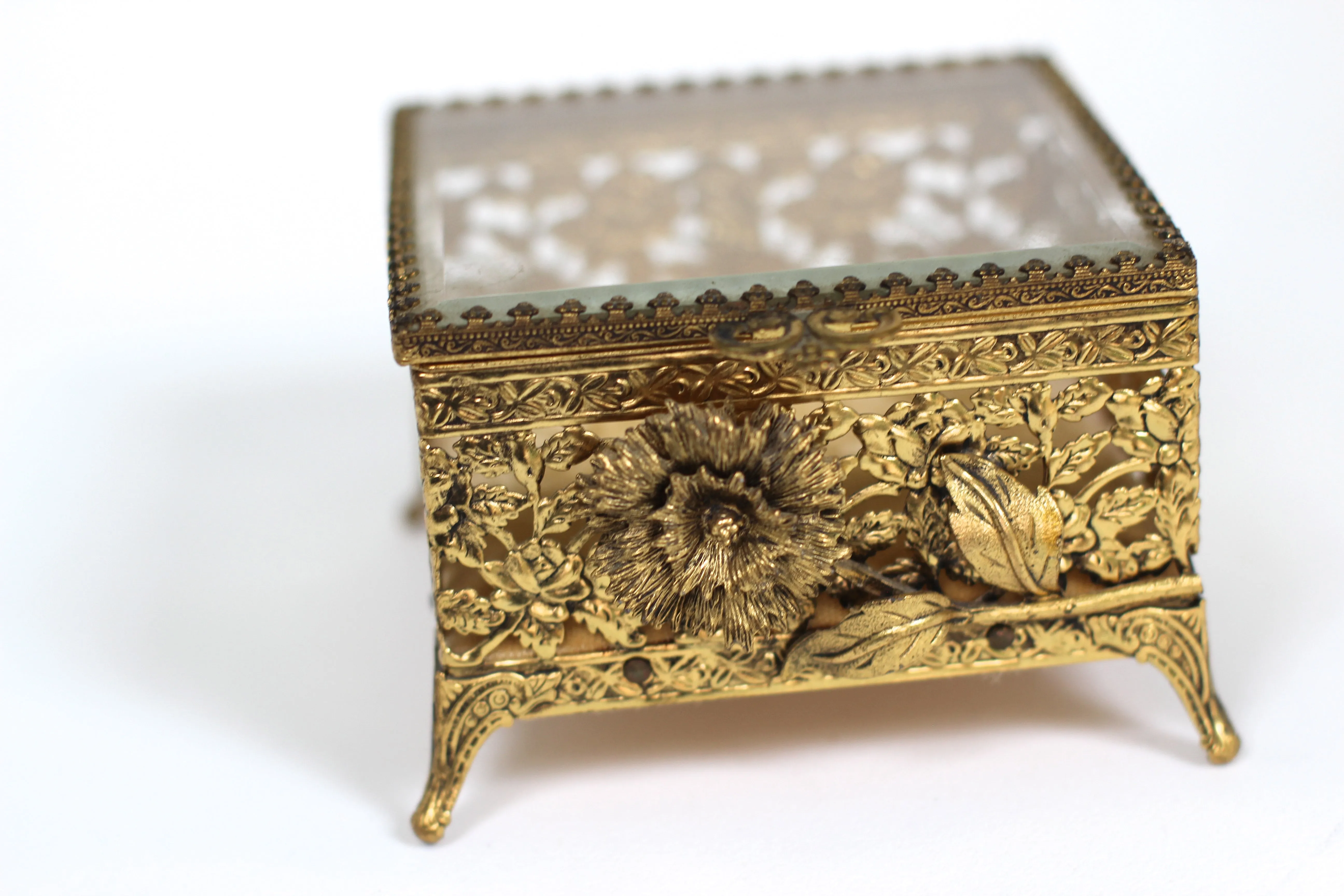 Antique Floral Rose Ormolu Bronze Filigree Jewelry Box No. 127