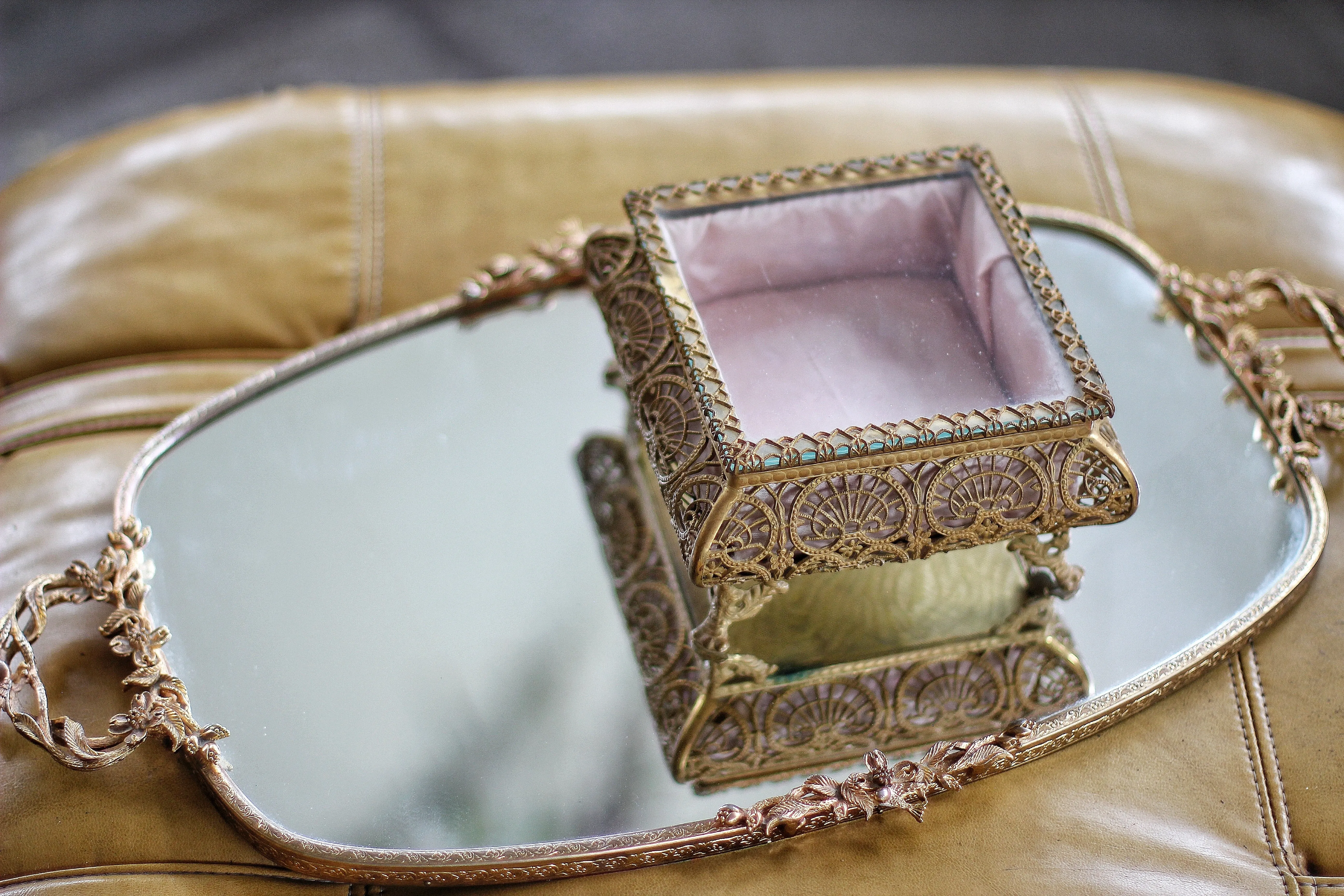 Antique French Filigree Pink Satin Jewelry Box