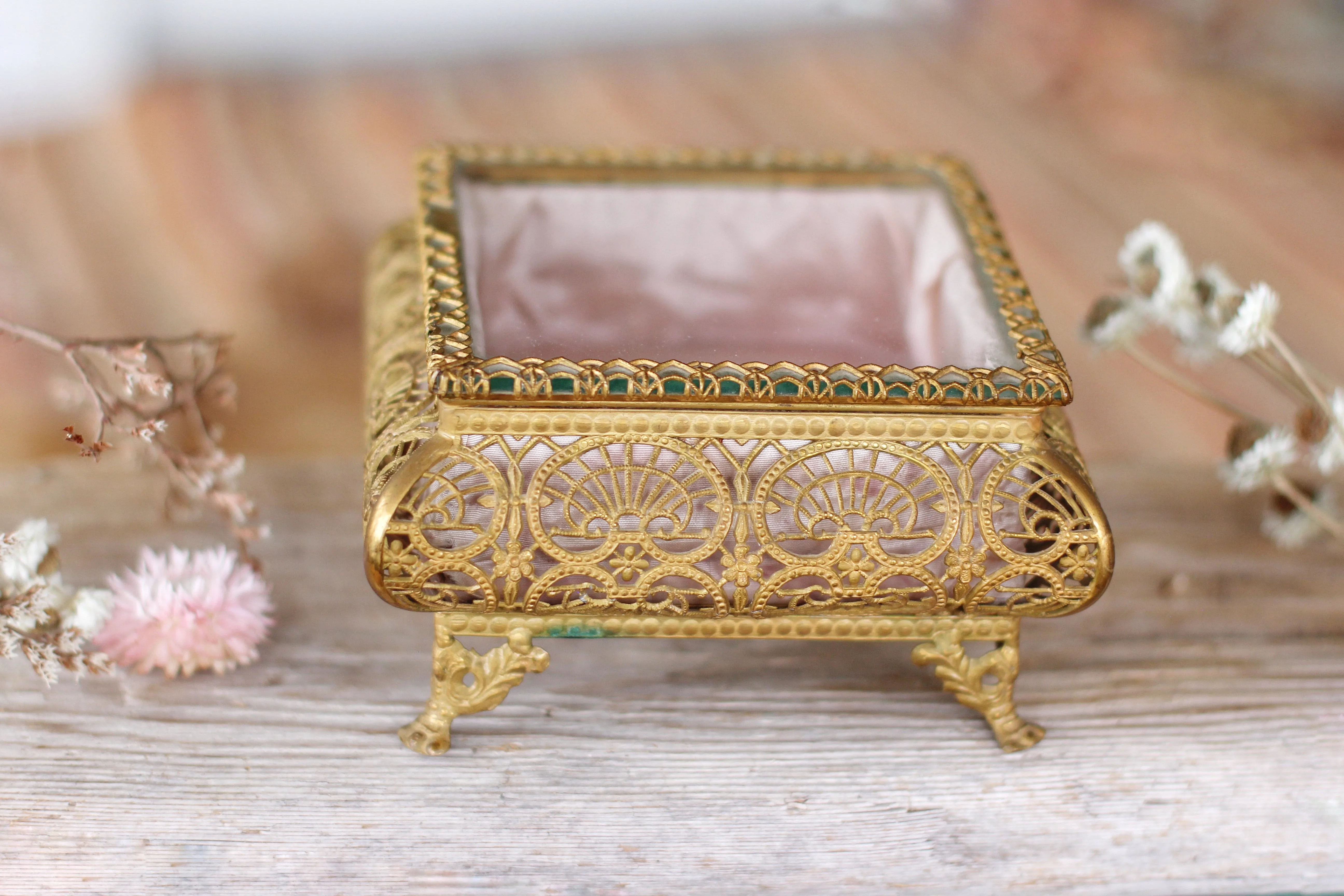 Antique French Filigree Pink Satin Jewelry Box