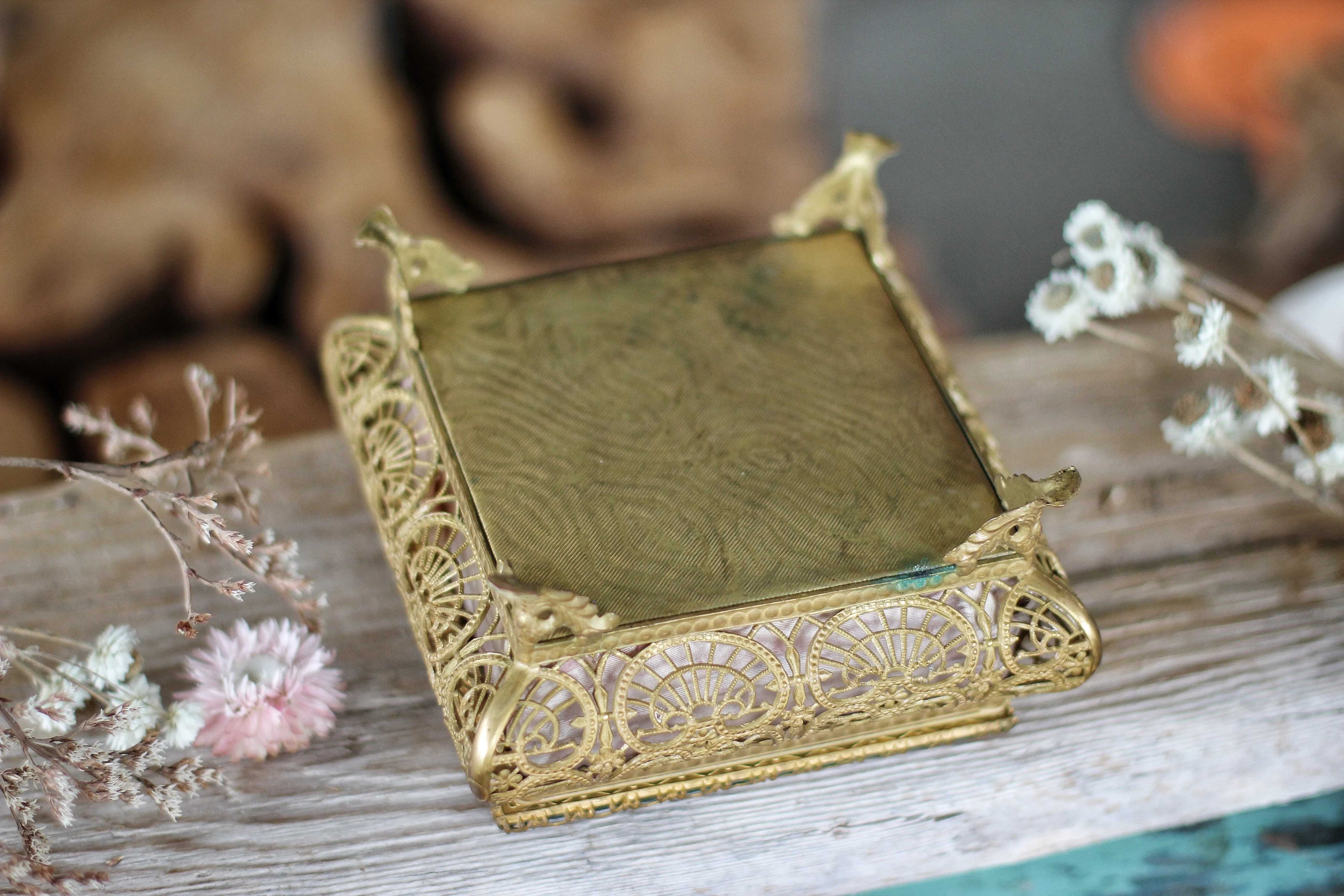 Antique French Filigree Pink Satin Jewelry Box