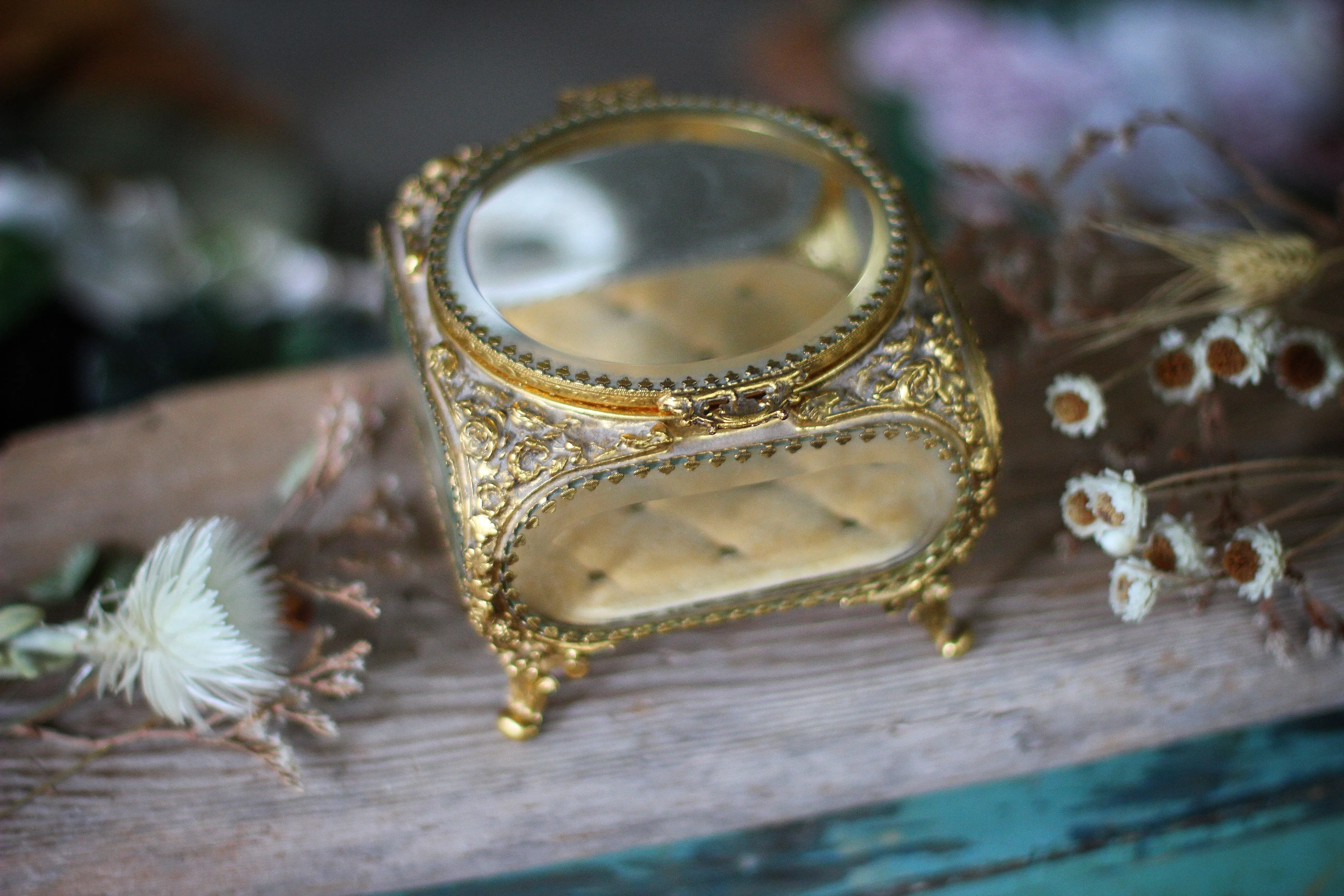 Antique French Victorian Tufted Glass Jewelry Box