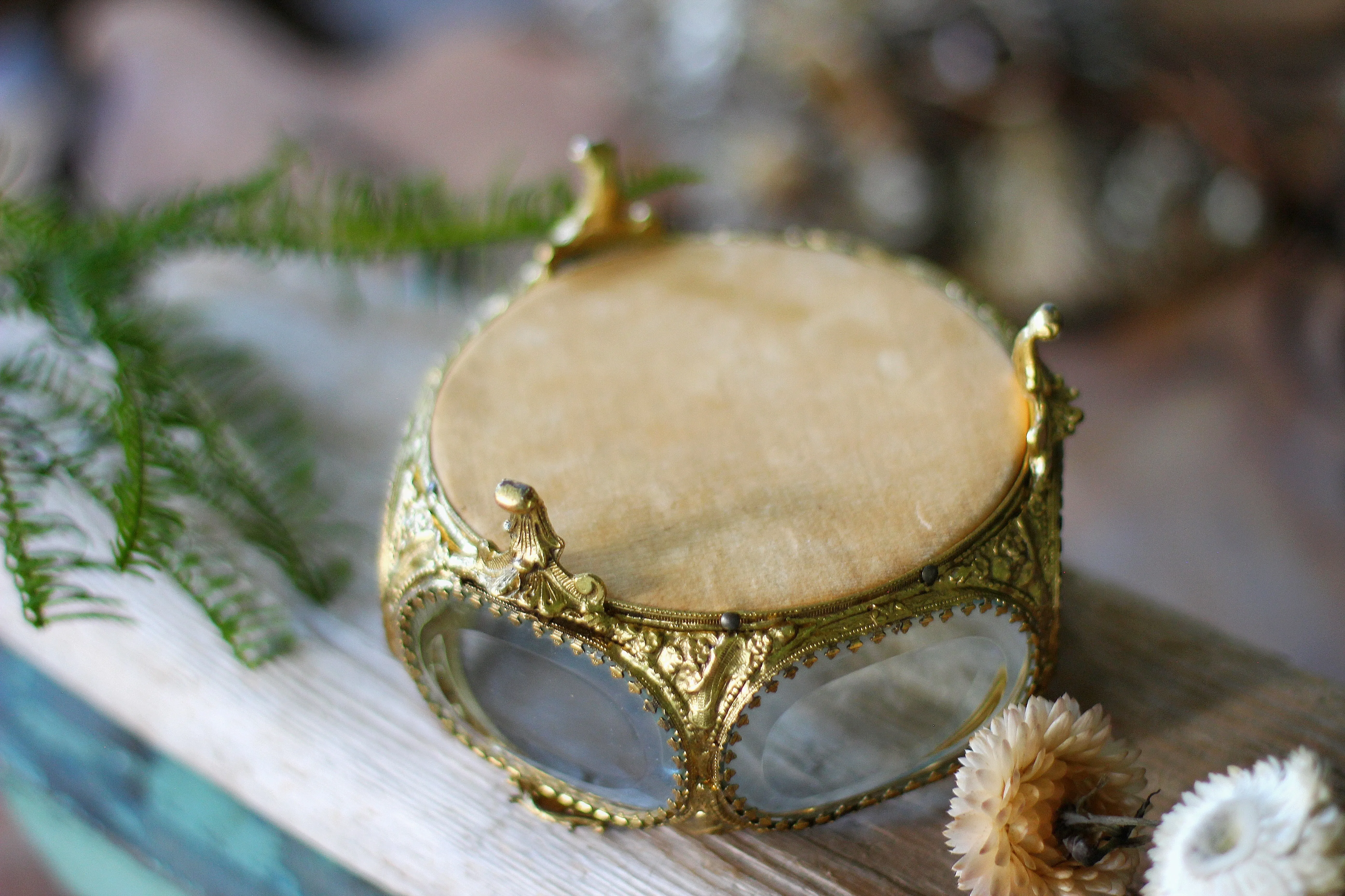 Antique Tufted Ormolu Filigree Jewelry Box