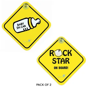 Baby Moo Car Safety Sign Rockstar Baby On Board With Suction Cup Clip 2 Pack - Yellow