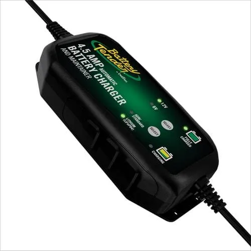 Battery Tender Battery Charger 6V/12V  It has an output of 4.5 amps that is distributed from 6 to 12 volts. It is shockproof- 470348