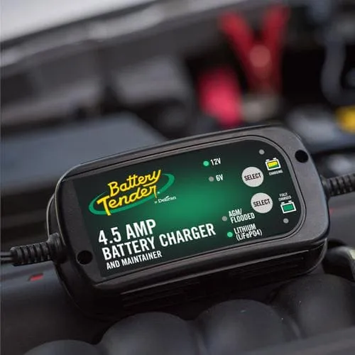 Battery Tender Battery Charger 6V/12V  It has an output of 4.5 amps that is distributed from 6 to 12 volts. It is shockproof- 470348