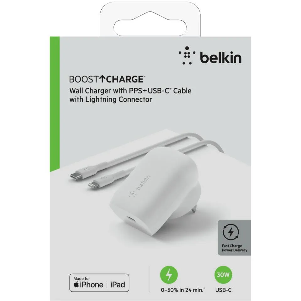 Belkin BoostUp Charge 30W USB-C Wall Charger with Lightning Cable (White)